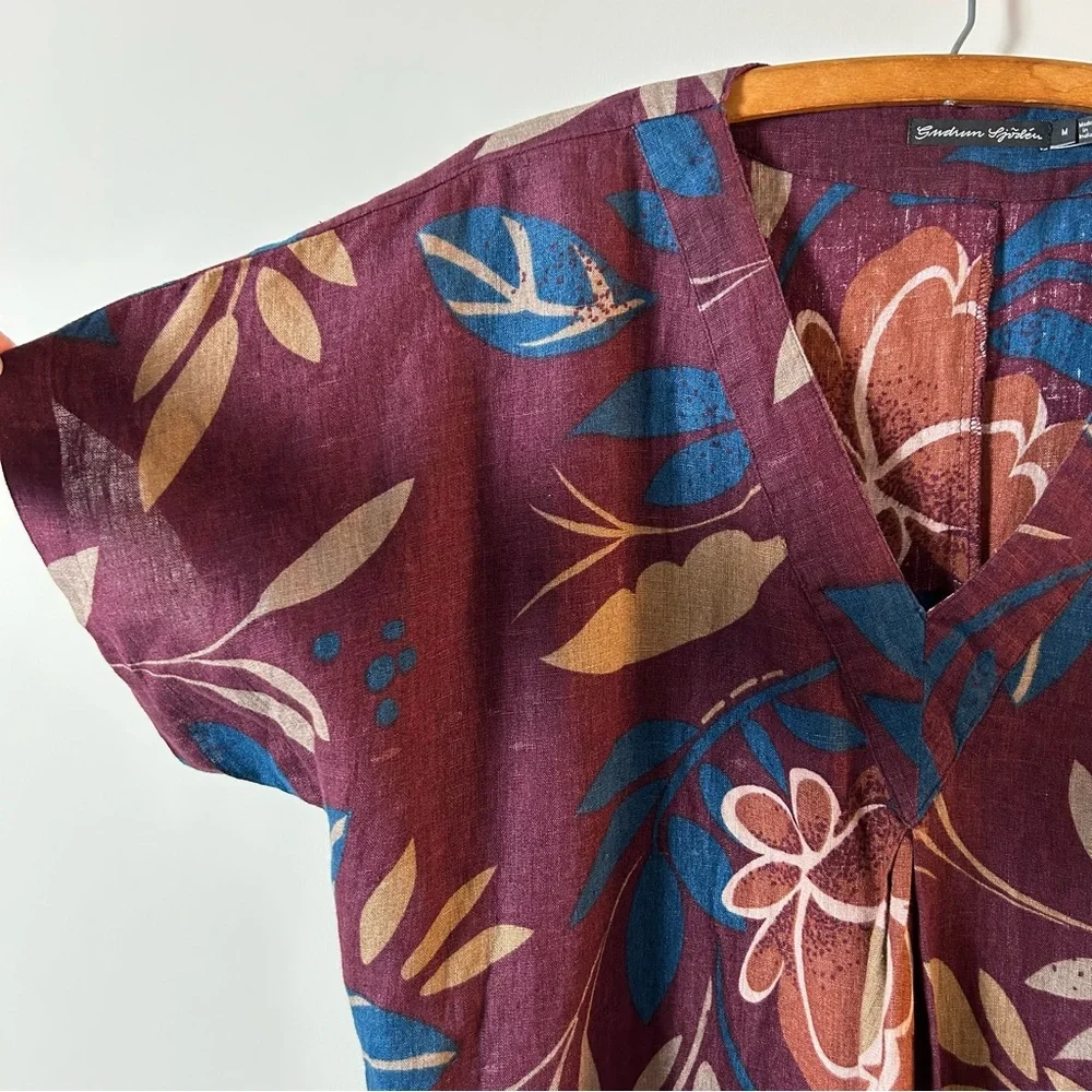Gudrun Sjoden 100% Linen Floral Batwing Kaftan Dress Womens M Burgundy - Picture 3 of 5